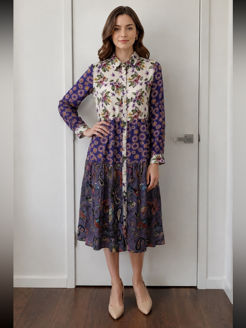 Purple Pink Ruched Wrap Long Sleeve Dress